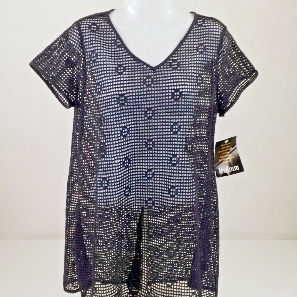 Dotti Black Open Knit Short Sleeve Pull Over Swimsuit Cover Up Womens Medium NWT